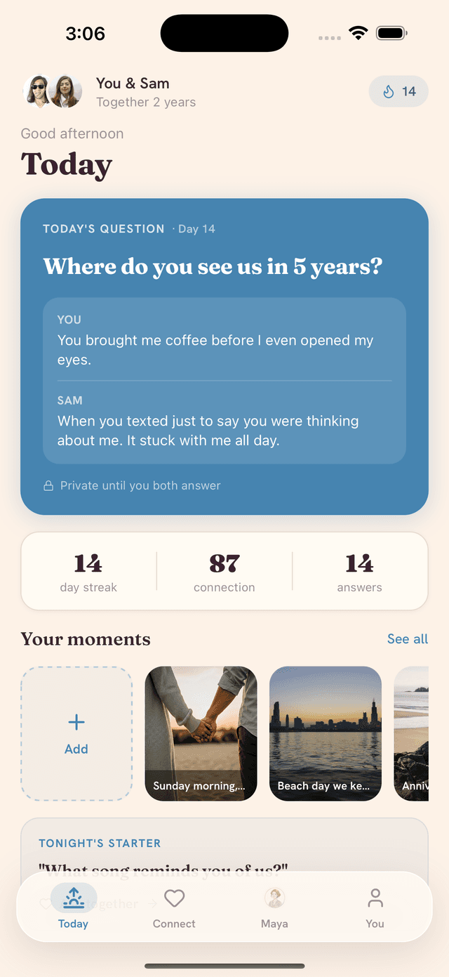 The Pulse Today screen — your daily question, connection score, and moments